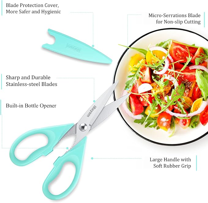 iBayam Cute Kitchen Scissors All Purpose Heavy Duty Meat Poultry Shears | Pastel Pink, Mint Blue, Built-In Bottle Opener, Protective Sheath, Dishwasher Safe, Stainless Steel, Comfort Grip, Left/Right