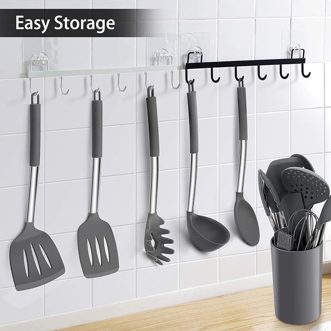 LIANYU 15-Piece Cooking Kitchen Utensils Set with Holder | Silicone Kitchen Tools Stainless Steel Handle, Slotted Spatula Spoon Turner Tong Whisk Brush for Cooking, Gray