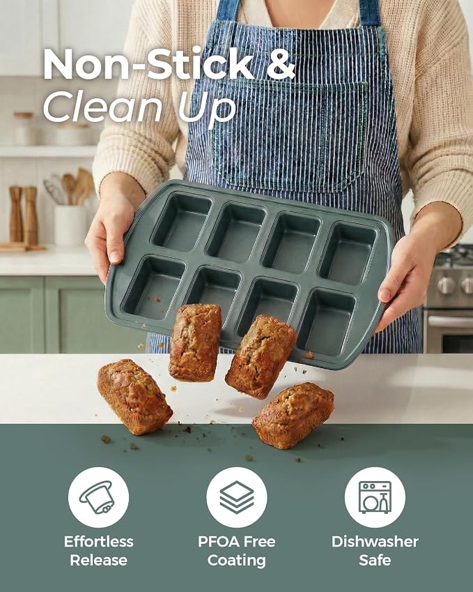 CARTMAN 2-Pack 8-Cavity Mini Loaf Pans, Carbon Steel Bread Pan Set, Green | Includes spatula & brush, 0.6mm carbon steel, nonstick release, for banana bread, mini meatloaf, ideal for keto & meal prep
