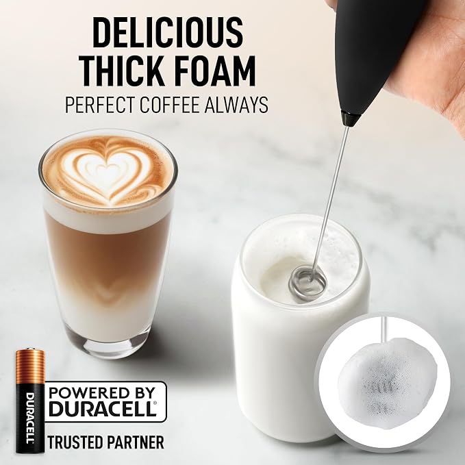 Zulay Kitchen Powerful Milk Frother Wand With Duracell Batteries - Ultra Fast Handheld Drink Mixer - Electric Whisk Foam Maker for Coffee, Lattes, Cappuccino & Matcha - Double Whisk - Exec Black
