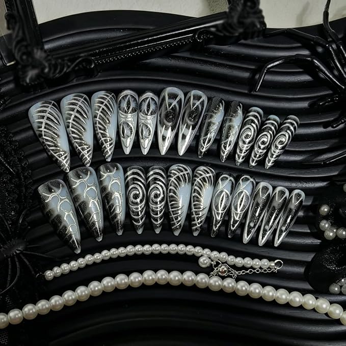 24Pcs Gothic Press on Nails Long Stiletto Fake Nails with Dark Eyes & Metallic Silver Line Design Punk Y2K Acrylic Nails Black Dark Goth Glue on Nails Reusable Stick on Nails for Women Halloween Party