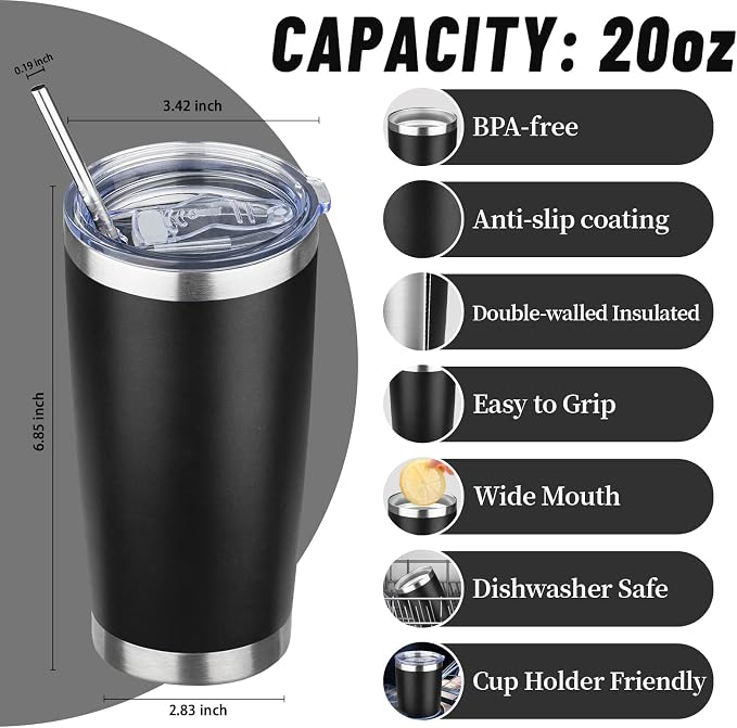 20 oz Tumbler with Lids and Straws, Stainless Steel Insulated Travel Coffee Mug, Double Wall Vacuum Insulated Tumblers, Powder Coated Coffee Tumbler for Cold & Hot Drinks (Black)