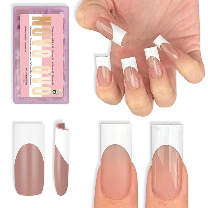 NOVO OVO Medium Sharp Square White French Tip Nail Tips Press on Brown Pink, Extra Thick NEED Builder Gel & Top Coat & Glue, Soft Gel full Cover False Fake Nail Extension for Salon DIYx15 Sizes 180pc