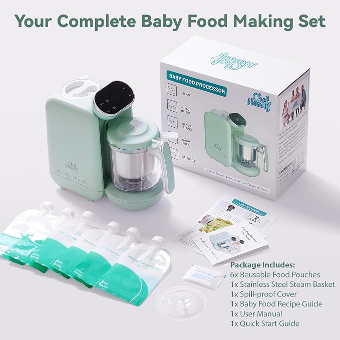 Chefhandy 5-in-1 Baby Food Maker with Stainless Steel Steam Basket, Green | One-step baby food processor with BPA-free food-contact parts, 6 reusable pouches, and recipe guide for homemade baby meals.