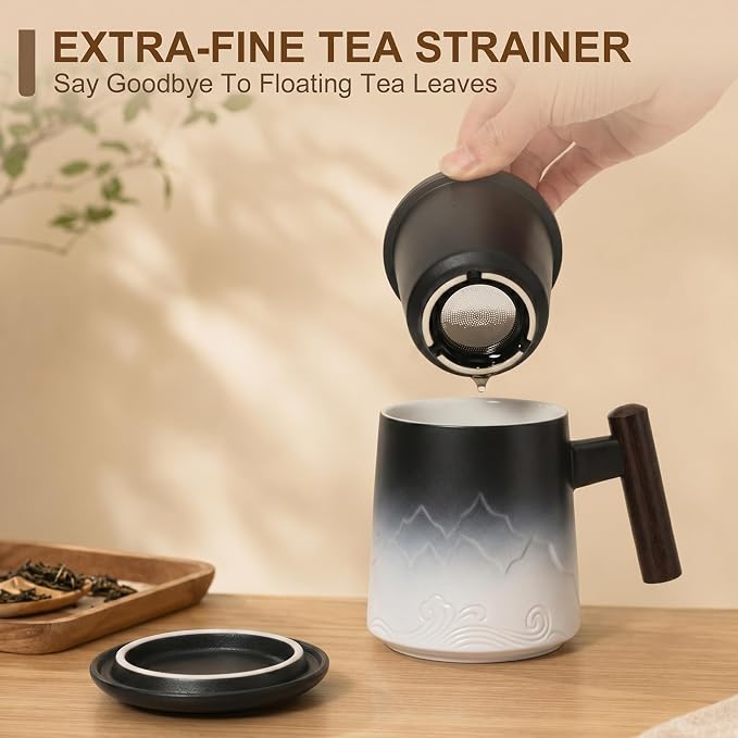 Tea Cup with Infuser and Lid, White & Black | 14oz Ceramic Tea Mug with Lid, Loose Leaf Tea Steeper Cup with Wood Handle for Tea Lovers Gifts