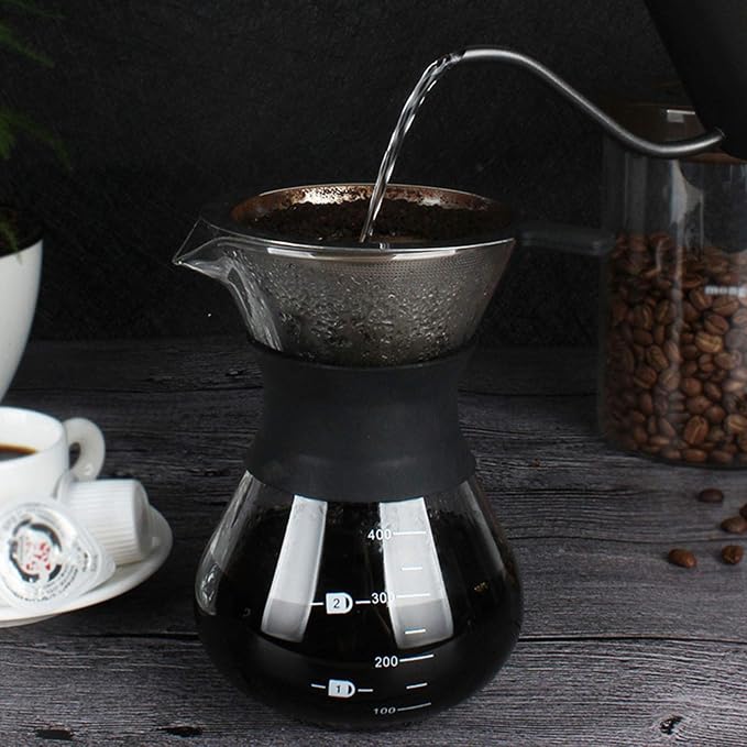 Joyzan Pour Over Coffee Maker, High-Heat Paperless Glass Drip Dripper 400ML | Brewer Carafe with Reusable Stainless Steel Filter Scale Line Paperless Removable Portable Pot Set Clear Camping Hiking