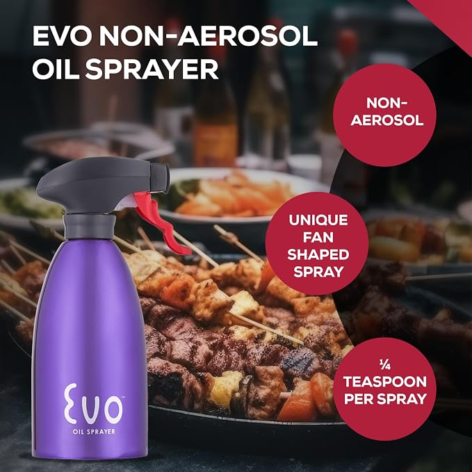 Evo Oil Sprayer 18/8 Stainless Steel, Non-Aerosol for Olive, Cooking Oils, and Vinegars, Purple, 16-Ounce Capacity