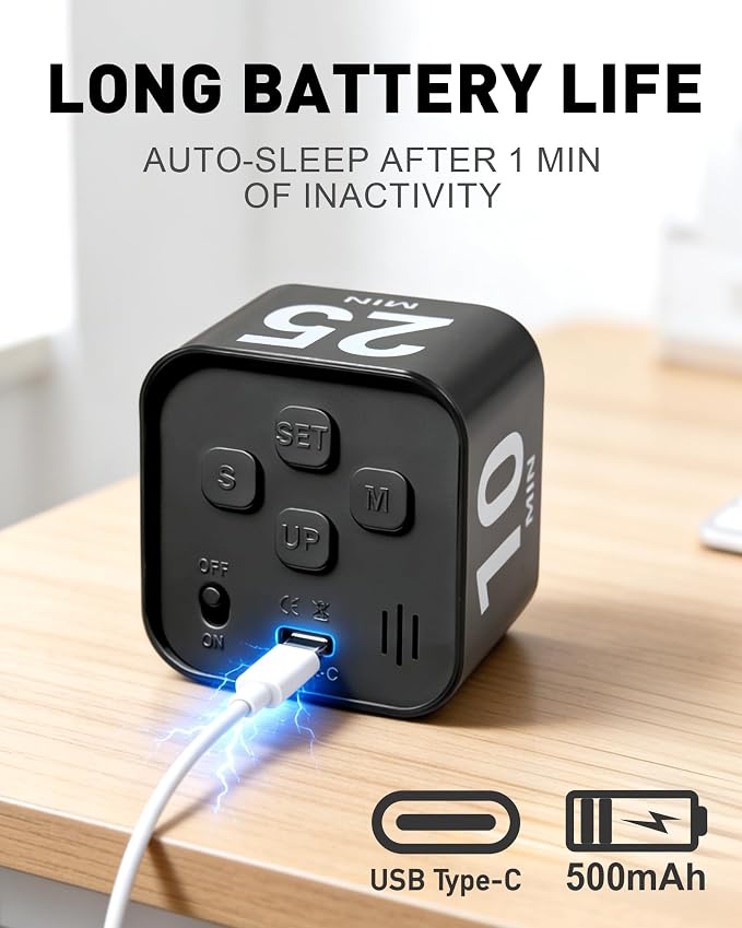 Pomodoro Timer Cube for Productivity — 5/25/10/50 Minutes Preset, Digital Gravity Sensor Desk Visual Timer for ADHD, Silent Mode, Ideal for Office, Study, Kitchen & Kids