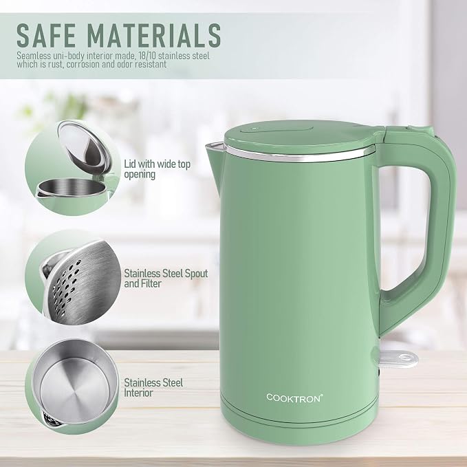COOKTRON 1.7L Electric Kettle Quiet, Double Wall Hot Water Boiler BPA-Free, Quiet Boil and Cool Touch Tea Kettle, Cordless with Auto Shut-Off & Boil Dry Protection, 1500W Fast Boiling, Green