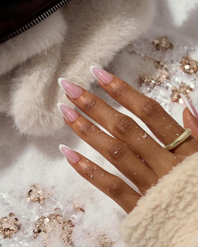 BTArtboxnails XCOATTIPS White French Tip Press On, M Almond, Pink Glitter | Lamp-Curable 4-Week Wear, Salon Quality Value at Home, Natural Nail Look, Easy-to-Apply for Beginners, 96ct Nail Tips Only