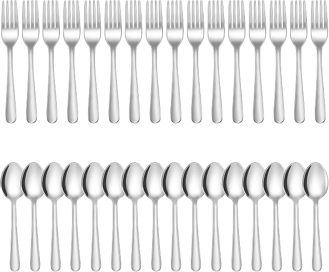 32-Piece Forks and Spoons Set, Premium Stainless Steel Silverware, Mirror Polished & Dishwasher Safe, Food Grade Cutlery Set for Home, Kitchen, Restaurant, Party Use（16 Forks and 16 Spoons）