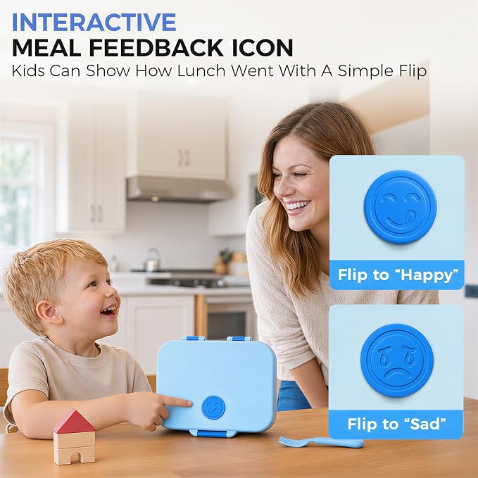 Kids Stainless Steel Bento Lunch Box, 4 Compartments | Leak-Resistant 4 Cups Lunch Container for Ages 4+ with Easy-Open Latch, Removable Seal & Meal Feedback Icon