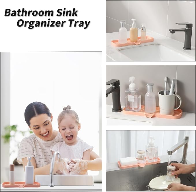 MicoYang Silicone Soap Dish with Drain Spout — Self-Draining Double Sink Organizer Tray for Kitchen & Bathroom, Dispensers, Sponges & Soap Holder, Non-Slip & Dishwasher Safe, Pink (Large, 12"×4")