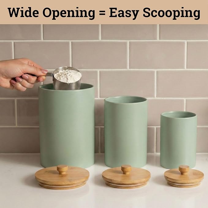 Ceramic Kitchen Canisters for Countertop Set of 3 w/ Airtight Bamboo Lids | Thick Sturdy Ceramic, Matte Finish, Airtight Easy Open Bamboo Lids, Comfortable Bamboo Handles, Jar Volumes: 2, 1, 0.5 quarts