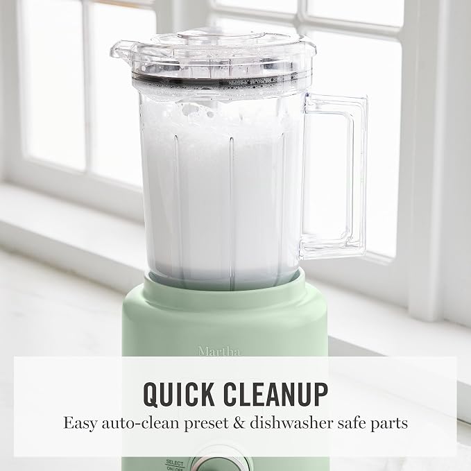 Martha Stewart 50oz Countertop Blender, 3 Speeds, 5 Presets, Honeydew Sage | BPA-Free Pitcher, Smoothies, Margaritas, Milkshakes & Ice Crushing, Stainless Steel Blades, Auto-Clean, Dishwasher-Safe Parts