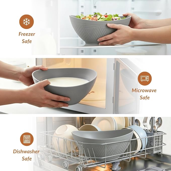 Wheat Straw Bowls, Large Salad Bowls Set of 6-60 OZ Serving Bowl for Kitchen, Camping, Party - Unbreakablke Microwave and Dishwasher Safe Big Cereal Bowl, Large Soup Bowl - Grey