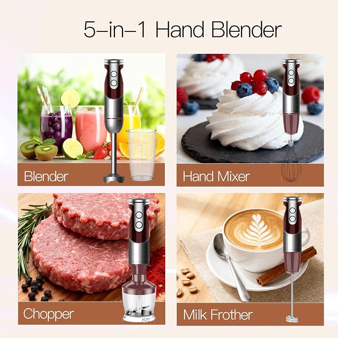 MegaWise 5-in-1 Hand Blender Set with Variable Speed Control, 400W Immersion Blender - Includes Whisk, Milk Frother, Chopper, and Beaker for Smoothies, Soups, and Baby Food (RED)