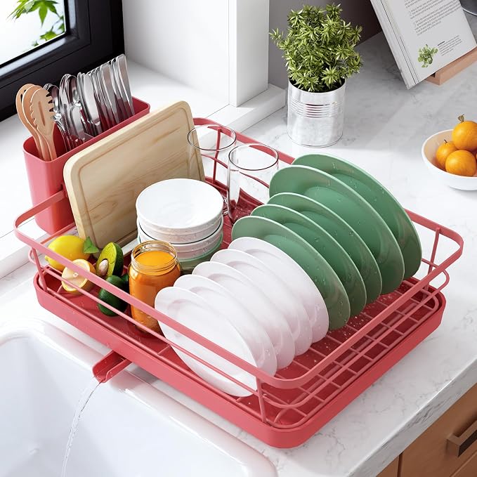 Kitsure Dish Drying Rack for Kitchen Counter, 12''W x 15.5''L, Red | Stainless Steel Sink Organization, Cutlery Holder, Home and Appartment Decor