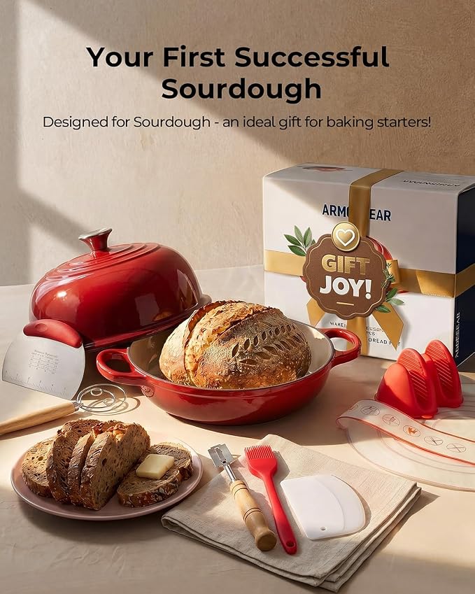 5QT Enameled Cast Iron Sourdough Bread Oven & Starter Kit, Red | Tight-fitting Dome Lid Helps Retain Steam, Baking Kit Supports Proofing, Scoring & Dough Transfer, Complete Artisan Bread Set