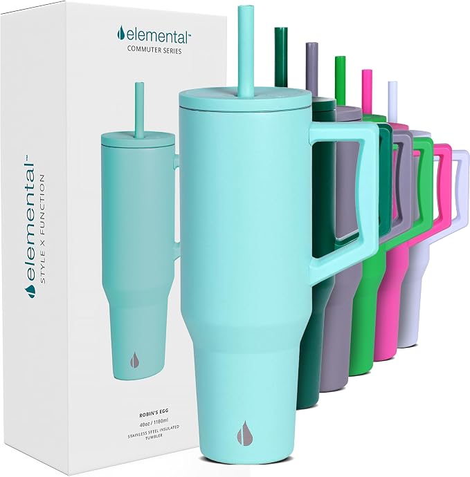 Elemental Spill Proof 40oz Insulated Tumbler with Handle & Straw Travel Mug | Stainless Steel Commuter Travel Coffee Mug for Cold Beverages, Includes 2 Straws & a Spill Proof Lid for Everyday Use