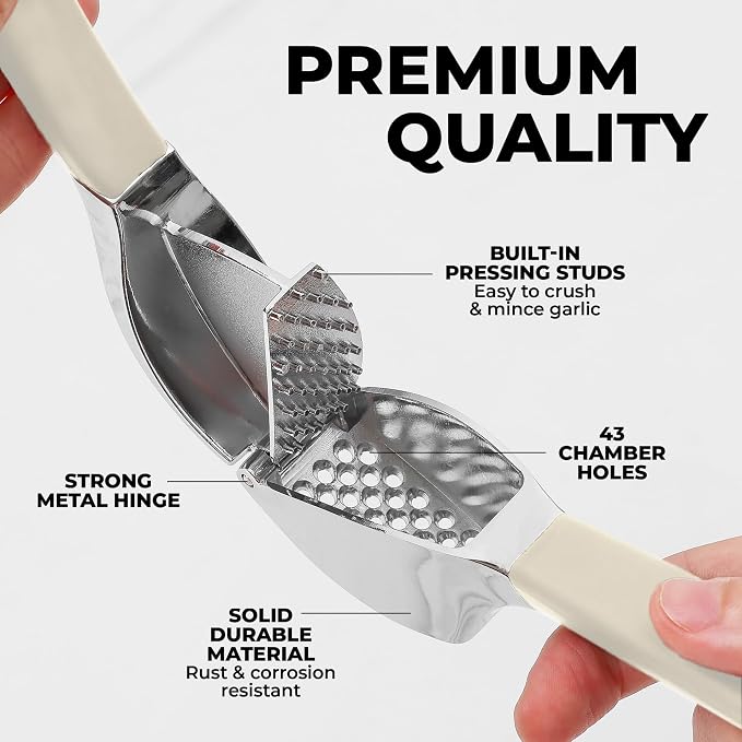 Zulay Kitchen Metal Comfort Grip Garlic Press | Garlic Mincer Tool - Garlic Crusher - Rust Proof Garlic Press, Ergonomic Handle, Easy Clean with Peeler and Brush - White