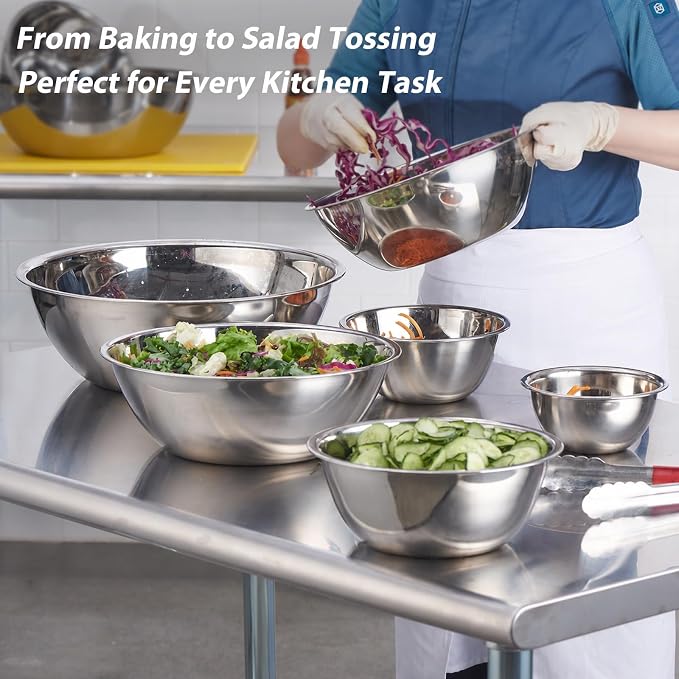 6 Piece Stainless Steel Mixing Bowls Set (0.6–10 QT) | Heavy-Duty Nesting Metal Bowls, 0.6, 1.7, 2.9, 4.9, 6, 10 QT, Flat Base, For Baking, Cooking, Salad Tossing & Meal Prep