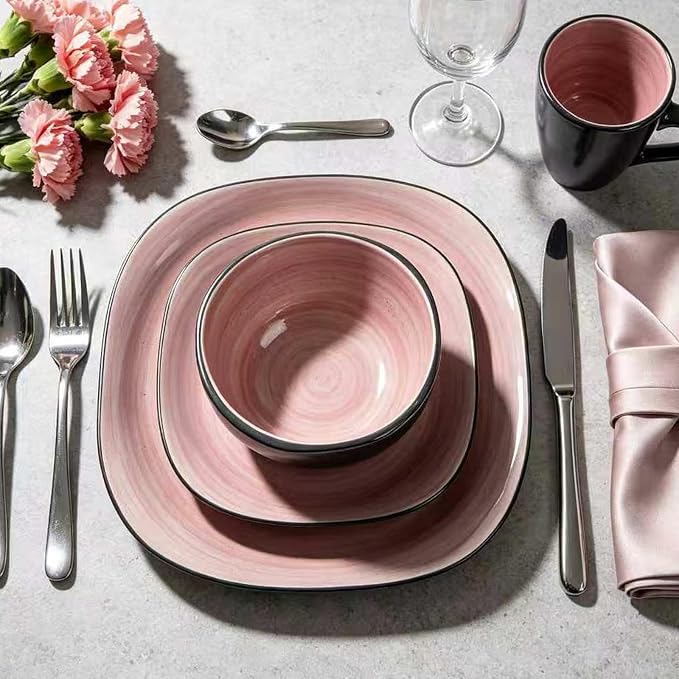 HomeVss, Stoneware Square 16pc Dinnerware Set, Inside Spinwaseh Swirl Rose + Outside Black