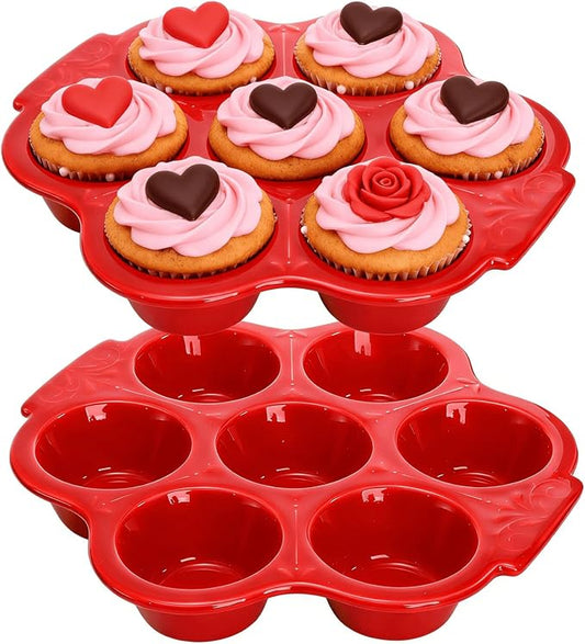 2 Pack Red Ceramic Muffin Pans, 7 Cup Nonstick Cupcake Baking Pans with Floral Handles, Oven & Dishwasher Safe Muffin Tins for Muffins, Cupcakes, Mini Cheesecakes, Holiday Baking Gift