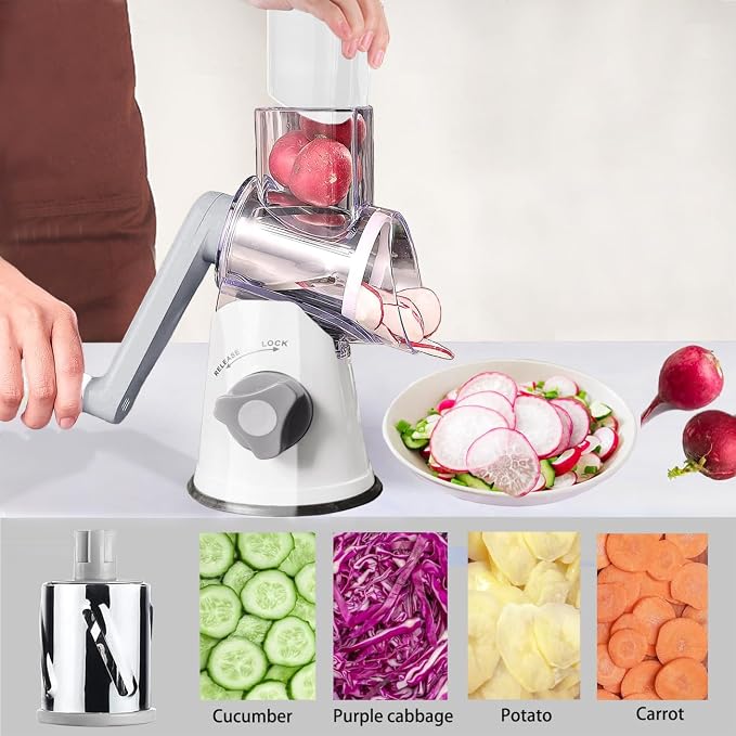 Handheld Rotary Cheese Grater Shredder- 3 Interchangeable Stainless Steel Drum Blades Manual Round Mandolin Vegetable Slicer Nut Grinder with Upgraded Strong Suction Base & Free Sharp Peeler, White