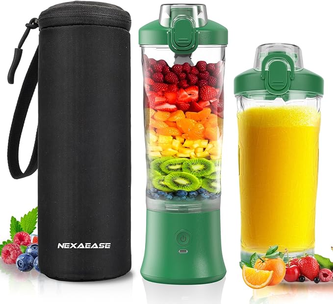 Portable Blender Personal Juicer for Shakes Smoothies with Insulated Sleeve | 20 Oz Electric Protein Shaker Bottle, Travel Lid, USB-C Rechargeable, Mini Small Cordless Blender Cup for Kitchen Travel Gym