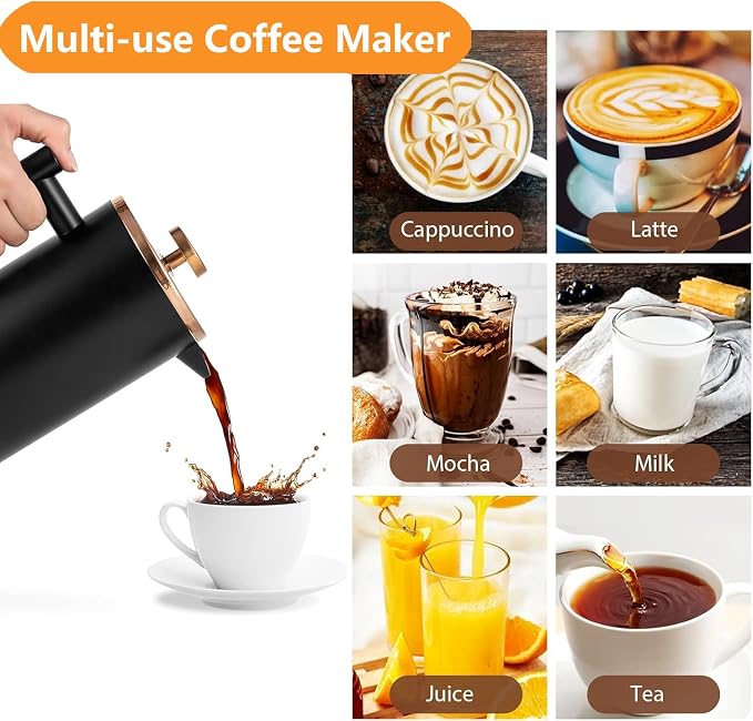 Small French Press Coffee Maker 600ml, Black Double-Wall Insulated French Press Coffee Press Stainless Steel for travel camping, Included 2 Extra Fliters and 1 Coffee Spoon (2-4cup, 20 OZ)
