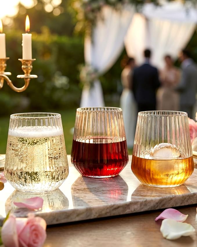 Ciaell 30 Pack Plastic Wine Glasses for Weddings Outdoor Gatherings | 12 oz Ribbed Origami Stemless Wine Cups, Heavy Duty Plastic, Champagne Wine Cocktails Whiskey for Parties Bars Birthdays