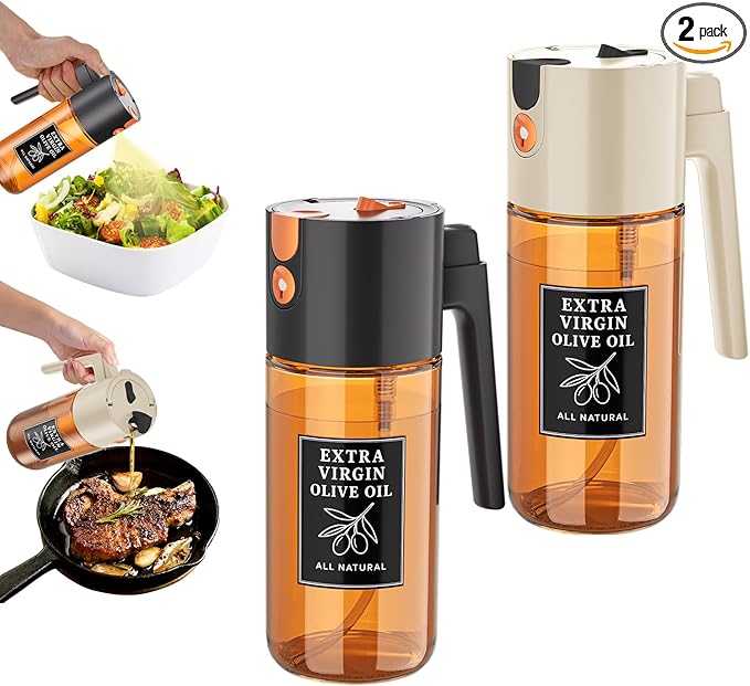 2-Pack 2-in-1 Oil Sprayer & Dispenser Dark Glass Fine Mist No-Drip | Two 500ml dark glass bottles for family cooking, meal prep & oils; food-safe, 304 filter, wide-mouth refill/cleaning.