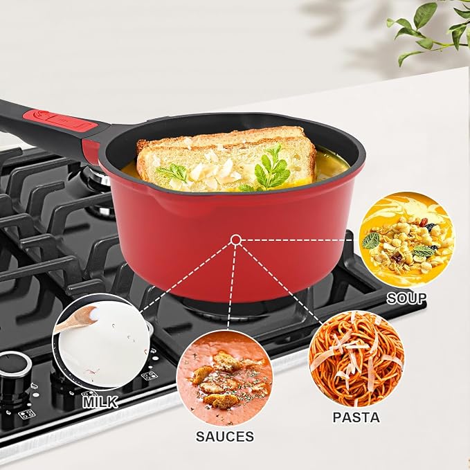 2 Qt Saucepan with Lid, Non Stick Sauce Pan with Lid, Milk Pot & Sauce Pot & Small Saucepan with Pour Spout, Detachable Handle Milk Pan, Mini Cooking Pot Induction Compatible, Oven Safe | Milk pan with removable handle. Suitable for all types of cooker...