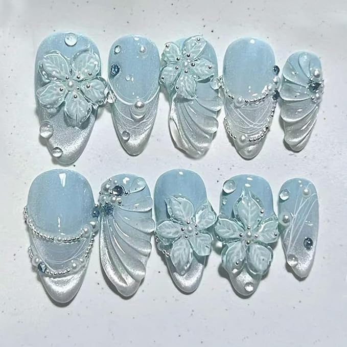 30Pcs Blue Flower Press On Nails Medium Almond False Nails Glitter Blue Cat Eye Fake Nails with 3D Flower Pearl Rhinestone Design Reusable Acrylic Nails Summer Beach Glue On Nails for Women Manicure