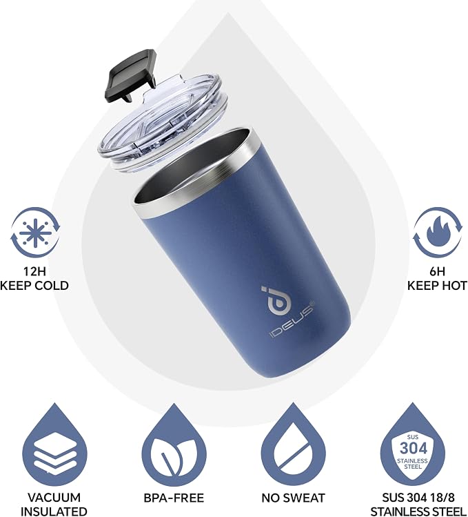 Ideus 20 oz Tumbler, Travel Coffee Mug with Splash Proof Sliding Lid, Double Wall Stainless Steel Vacuum Insulated Coffee Mug for Home and Office, Keep Beverages Hot or Cold, Ocean Blue