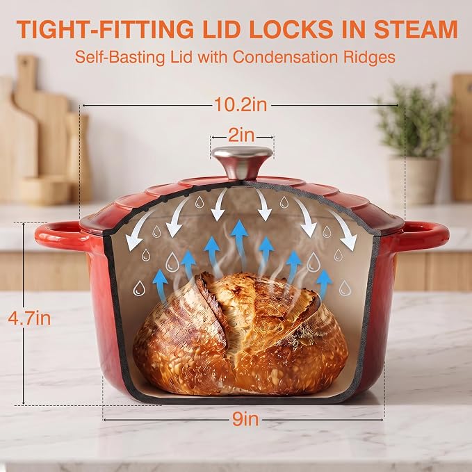 Enameled Cast Iron Dutch Oven Pot with Lid 5.5QT, Sourdough Bread Baking Supplies with Banneton Bread Proofing Basket Set & Starter Jar, Unique Dutch Oven for Bread Baking (Gradient Red)