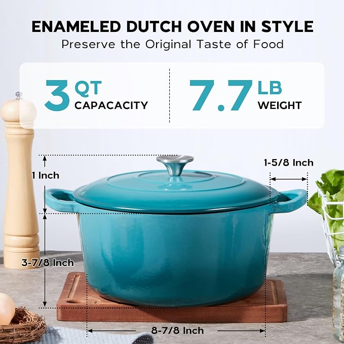 Onader Small Dutch Oven Pot with Lid, 3 Quart Round Enameled Dutch Oven for Bread Baking, Heavy Duty Cast Iron Cookware - Dark Cyan
