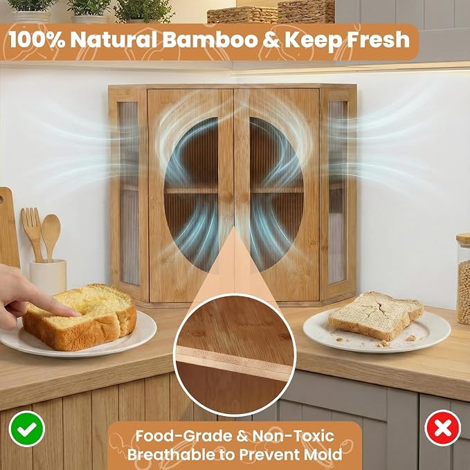 Corner Bread Box for Kitchen Countertop: Bamboo Storage Container for Homemade Bread, Two Layer Breadbox under Cabinet Mount, Large Bread Holder for Kitchen Counter, Pantry Shelf
