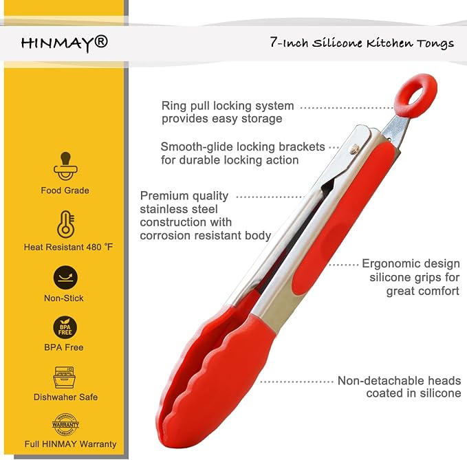 HINMAY Small Tongs Set 7-Inch Mini Tongs with Silicone Tips, Set of 6 (Red Blue Green Pink Mint Yellow) | Red Blue Green Pink Mint Yellow