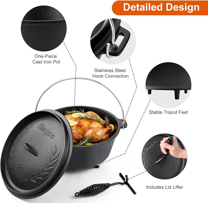 Pre-Seasoned 10QT Large Cast Iron Camping Dutch Oven Pot with Lid | Heavy- Duty Camping Cookware incl. Lid Lifter - Dual Handles - for Outdoor Campfire, Grill, Oven & Stovetop Cooking Black