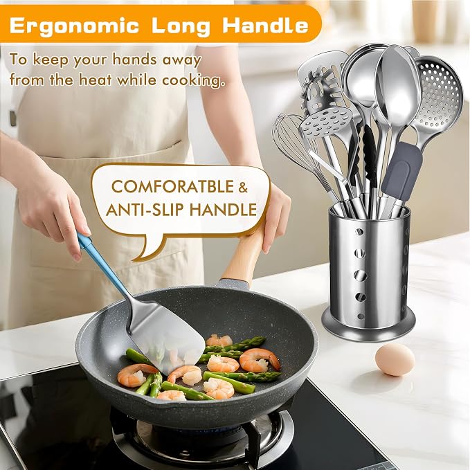 12 Pcs Stainless Steel Cooking Utensils Set, Metal Kitchen Tools Include Utensil Holder, Solid & Slotted Spatula, Spoon, Ladle, Pasta Server, Potato Maseher, Egg Whisk,Cooking Tong, Flexible Spatula