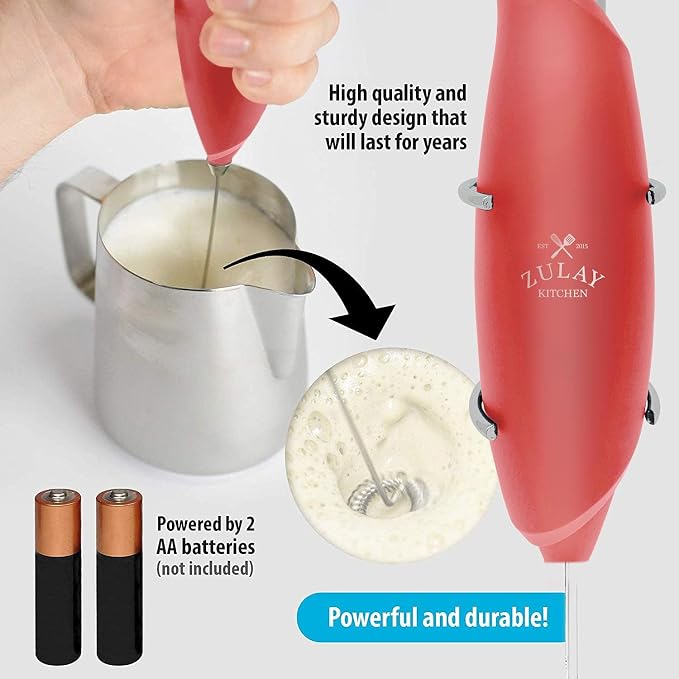 Zulay Kitchen Premium One-Touch Milk Frother for Coffee - Easy-Use Frother Handheld Foam Maker - Electric Whisk Drink Mixer for Cappuccino, Frappe, Matcha and Hot Chocolate (Cardinal Red)