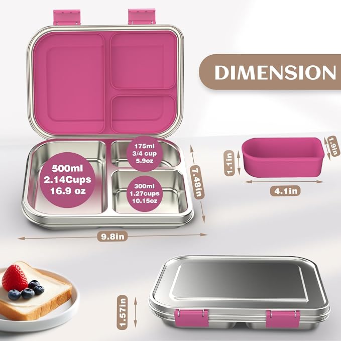 BABHAMNESS Stainless Steel Bento Box Kids, 3 Compartments Leak Proof Metal Bento Lunch Box, 304 Stainless Steel Bento Lunch Containers for School and Office,Dishwasher Safe, BPA-Free-Pink