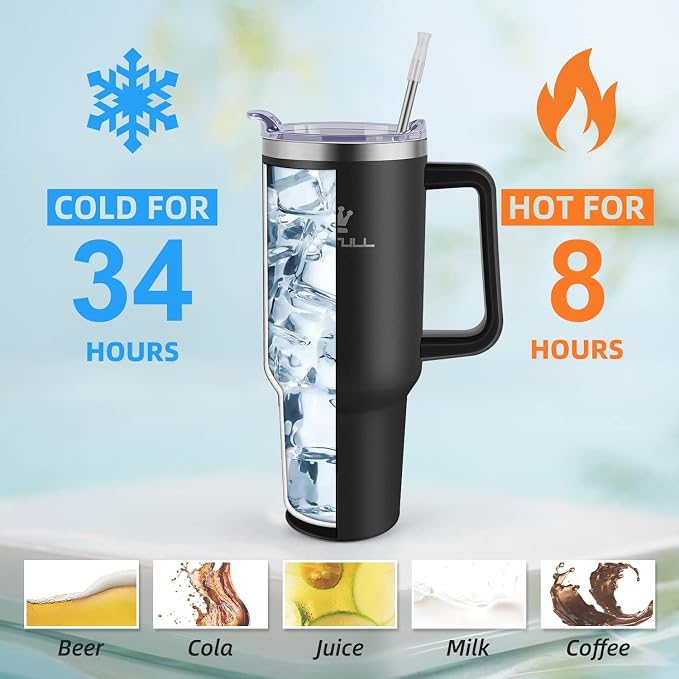 Soufull 40 oz Tumbler with Handle and Straw Lid, 100% Leak-proof, Black | Stainless Steel Insulated Travel Coffee Cup, Keeps Cold 34Hrs or Hot 10Hrs, Dishwasher Safe