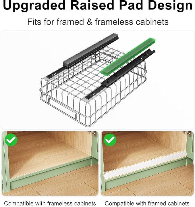 Pull out Cabinet Organizer, Stainless Steel 1-Pack (9.8"W x 16.5"D) Full-Extension Slide out Drawer, Adhesive Roll out Can Spice Storage Basket Shelf Rack for Pantry, Kitchen, Bathroom, Home Closet