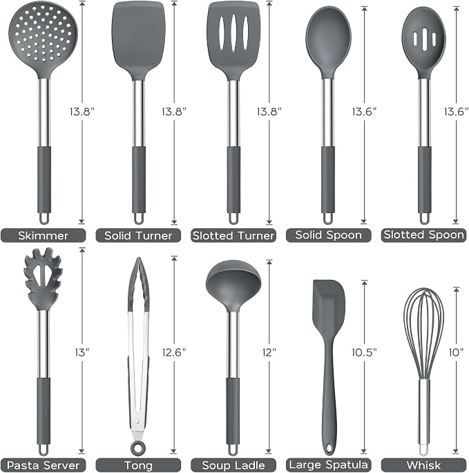Onader 10 Pieces Silicone Kitchen Utensils Set, Cooking Utensils with Holder and Heat Resistant Stainless Steel Handle for Nonstick Cookware -Gray