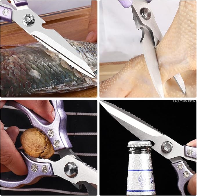 AWinjoy Heavy Duty Sharp Kitchen Scissors, Dishwasher Safe, Cooking Shears for Meat, Chicken, Fish, Poultry, Herb, Bread (Purple)