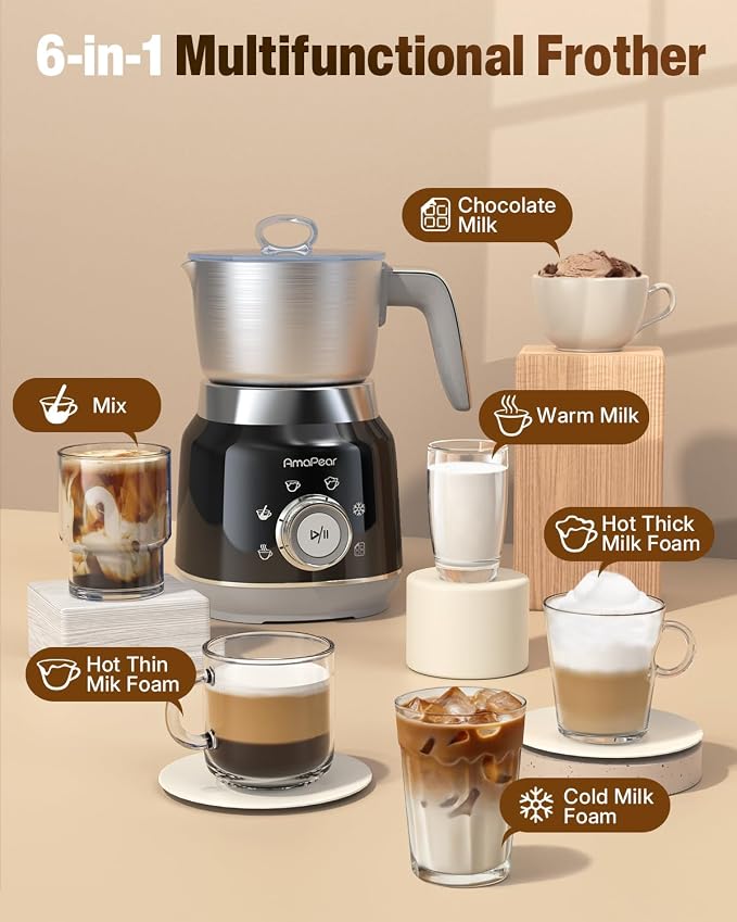 Electric Milk Frother and Steamer, 6 in 1 Hot & Cold Foam Maker for Coffee | 16.9oz/500ml Milk Warmer for Latte, Macchiato, Cappuccino, Hot Chocolate Maker, Dishwasher Safe (Black)