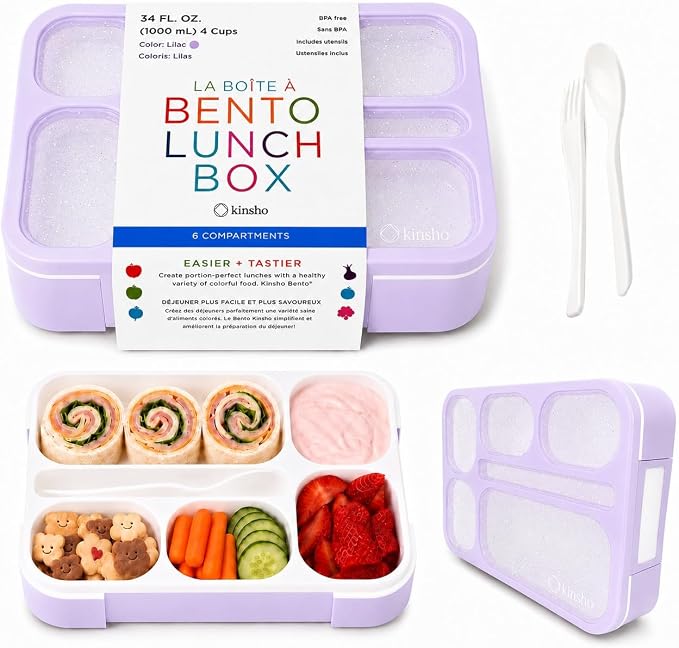 kinsho Glitter Lunch Box Bento-Boxes for Girls, Meal and Snack Containers for Toddler Daycare, School, Travel, 6 Divided Sections, Cute Bentobox, Leak-Resistant, Utensils, Purple Lilac Sparkle